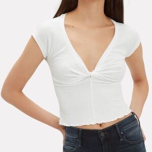 A.L.C. Sabina Twist Front White Crop Top Ribbed Knit Scalloped Edge Vneck Small